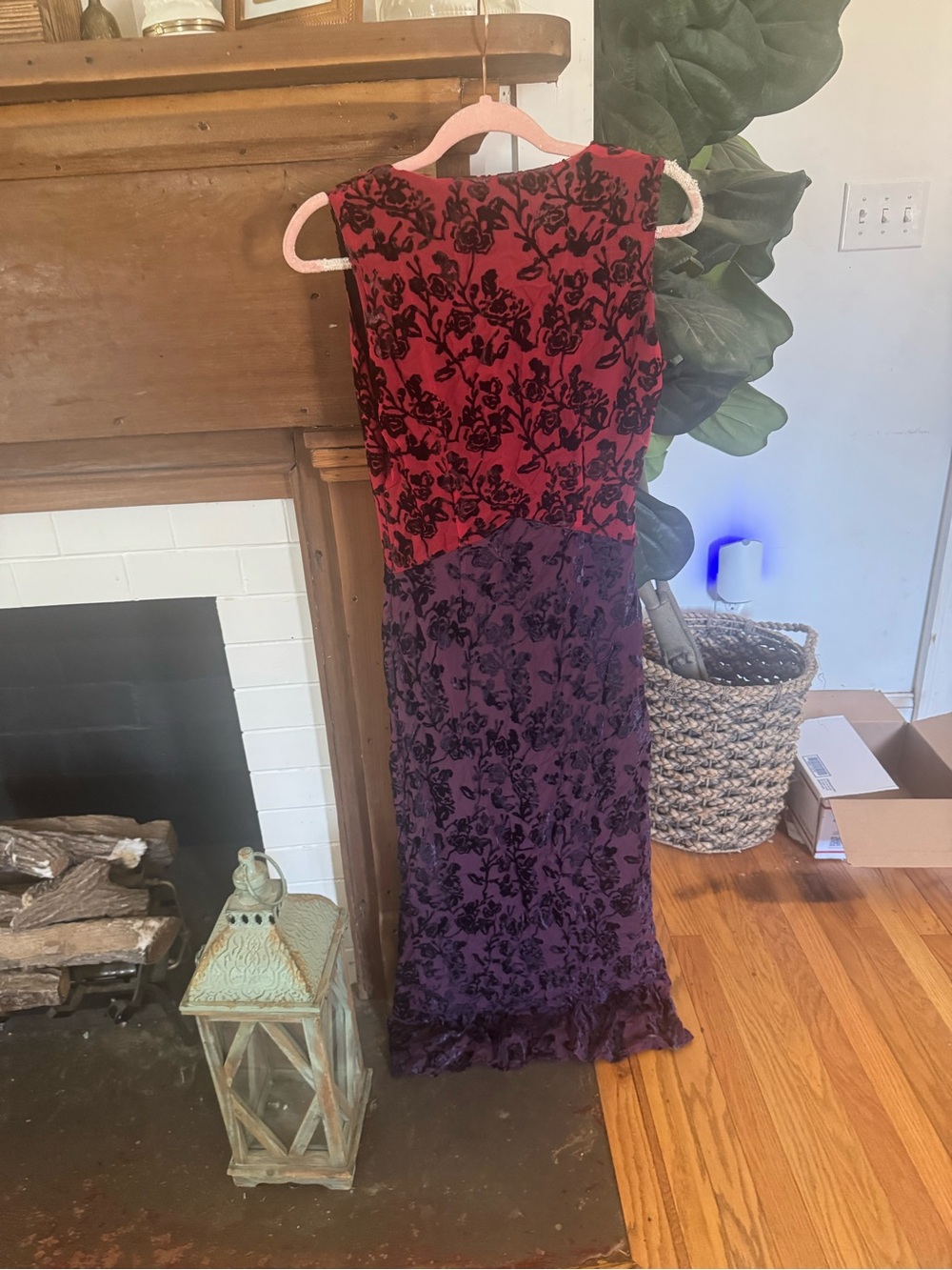 Sleeveless V-Neck Burgundy and Black Floral Evening Gown - Picture 9 of 10